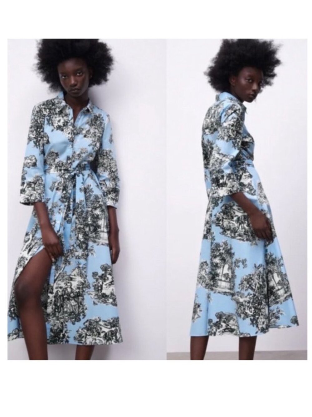 Zara Toile Print Shirt Dress Belt Size M
